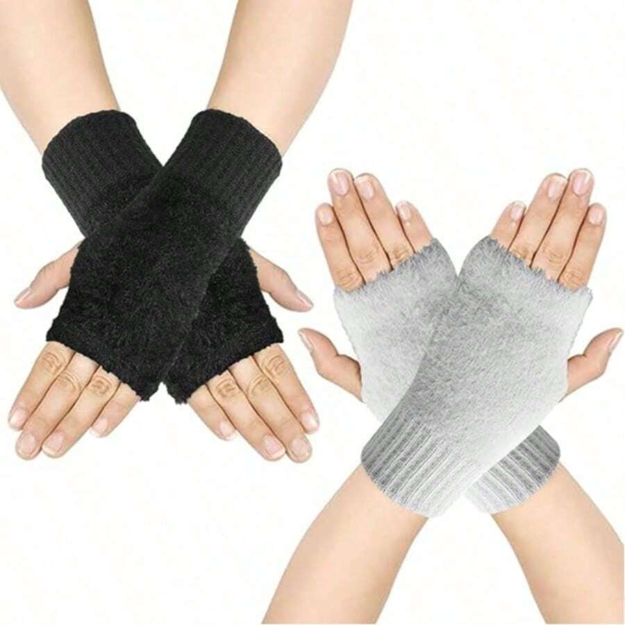 1 par de guantes sin dedos de unicolor con forro térmico, calentadores de muñeca de punto para otoño/invierno, adecuados para oficina, estudiantes, escritura, festivales, fiestas - Multicolor 1 - Ver 1