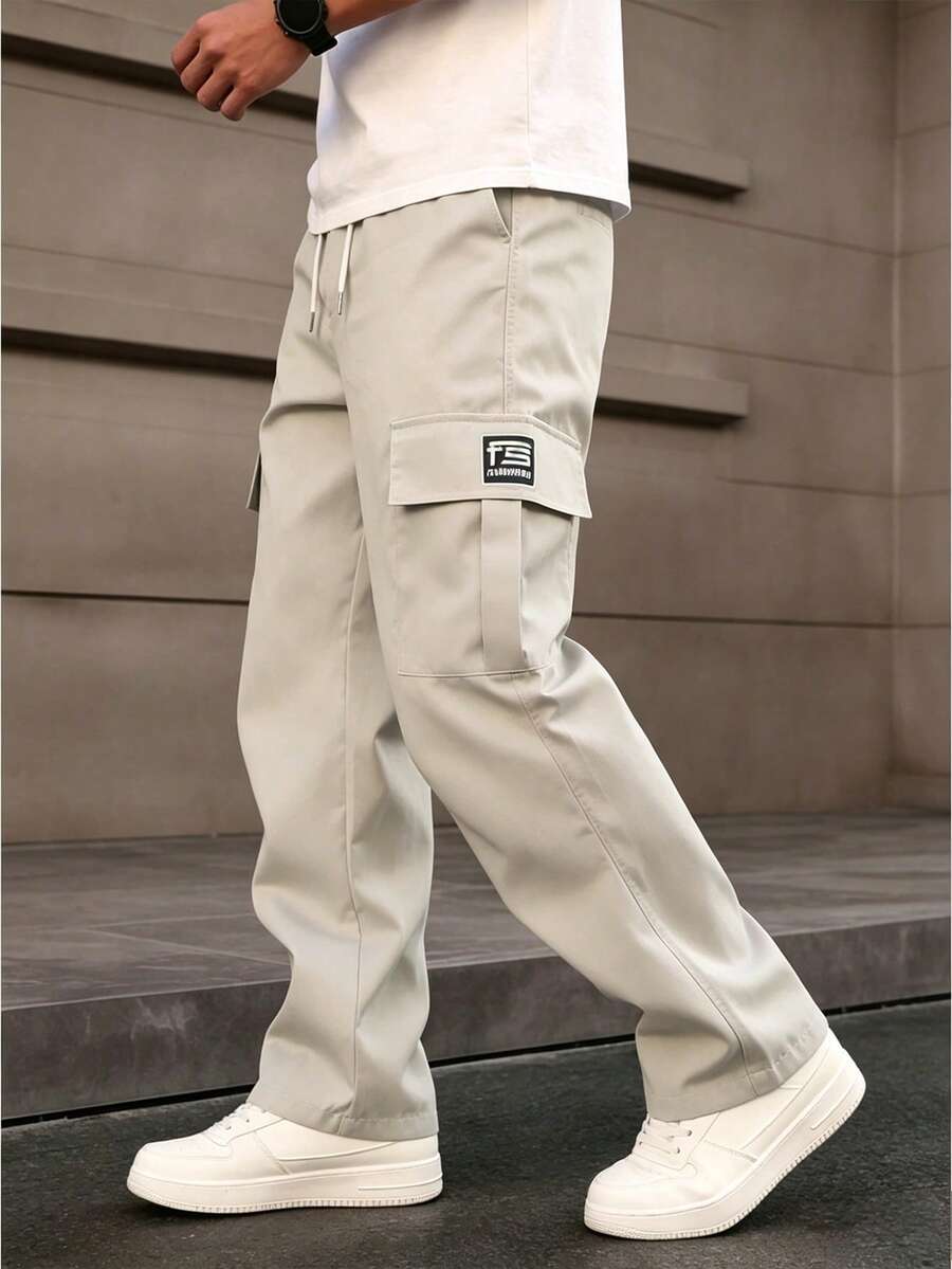 Men's Loose Straight Leg Cargo Pants With Side Pockets & Drawstring Waist, Casual Cargo Style Style For Spring & Autumn - Beige - View 1