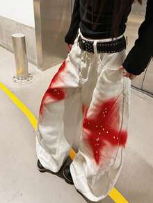 1件日系街頭風女款拼接手繪弧形腿寬鬆舒適寬腿牛仔長褲（本商品不含腰帶/配件） - 紅色 - 查看 5