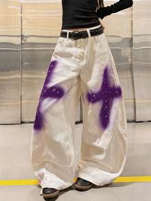 1件日系街頭風女款拼接手繪彎腿寬鬆舒適寬腿牛仔長褲（本產品不含腰帶/配件） - 紫色 - 查看 9