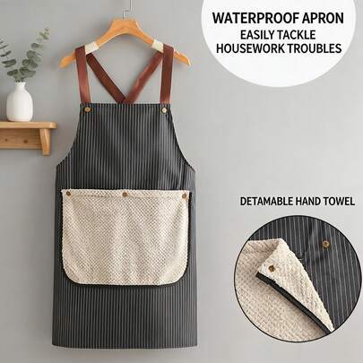 1pc Waterproof Oil Resistant Kitchen Apron With Detachable Wipe Towel Pocket, Cross Back Strap No Tie Apron, Double Pockets Thickened Stripe Apron For Cooking, Baking, Cleaning, Housework