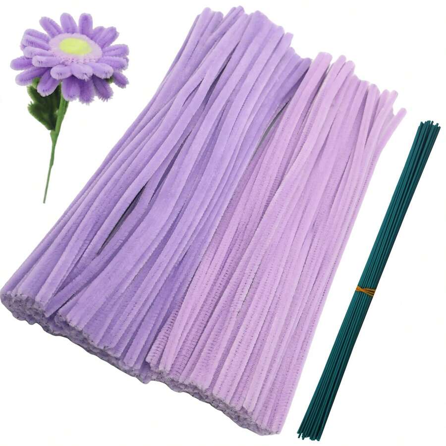 210 pièces Kit d'artisanat de tiges chenille bicolores : 200 cure-pipes et 10 tiges florales dans les séries rose, bleu, violet | DIY convivial pour débutants avec une densité supplémentaire pour des créations satisfaisantes et des cadeaux de fête - 200 cure-pipes bicolores + 10 guirlandes de fleurs - Voir 1