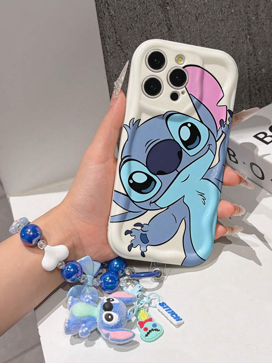Disney Lilo & Stitch Phone Case With Stitch Beaded Wrist Strap & Plush Keychain, Cute Peeking Stitch Full Print Design, Shockproof Silicone Wave Edge Case With 3D Stitch Charm & Hand Strap, Disney Stitch Phone Cover For IPhone 17, 16, 15, 14, 13, 12, And 11 Pro Models. Made Of Durable TPU With Shockproof Protection. A Fun Gift For Family, Friends, Birthdays, Holidays, And Special Occasions. - 白色 - 查看 1