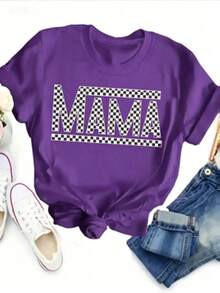 Women's-ShirtPAYEAH 1pcs Cotton Mama Letter Print Crew Neck-Shirt - Soft Mid-Elasticity Polyester Short Sleeve Top Spring & Summer - Relaxed Fit, Casual, Alphabets Pattern, Positioning Printing, Regular Length, Knit Fabric, All Seasons Wear Heavy Cotton ShirtFashionable Women's Clothingshirts,Clothes,White Top,Graphic Tee,Suitable Gym, Workouts, Everyday Casual Wear, And Street Style. - Màu tím - Xem 11