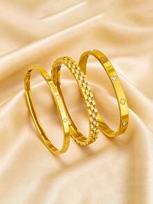 3件套女士时尚18K镀金不锈钢四叶草手链首饰套装，防水防褪色，适合日常佩戴 - 金色 - 查看 4