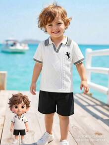Set de 2 piezas de camiseta polo de manga corta con cuello en V y pantalones cortos con patrón geométrico bordado de caballo en contraste de color, estilo casual de vacaciones para niños, adecuado para uso diario, al aire libre, reuniones, primavera/verano - Blanco - Ver 3