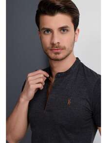 Men's Summer Casual Business Commute Embroidered Pattern Short Sleeve Half-Button Polo Shirt - Dark Grey - View 4