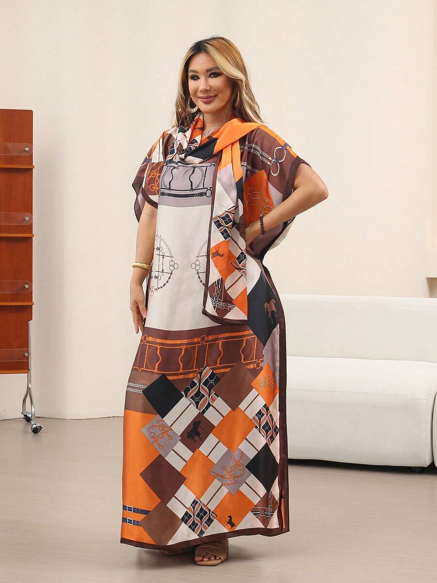 1pc Vintage Color Block Printed Faux Silk Robe Set With Small Scarf, Smooth Soft Thin For Outdoor Travel Casual Beach, Fashion High-End Gift For Mother's Day,Accsesories,Holiday - Multicolor - View 1