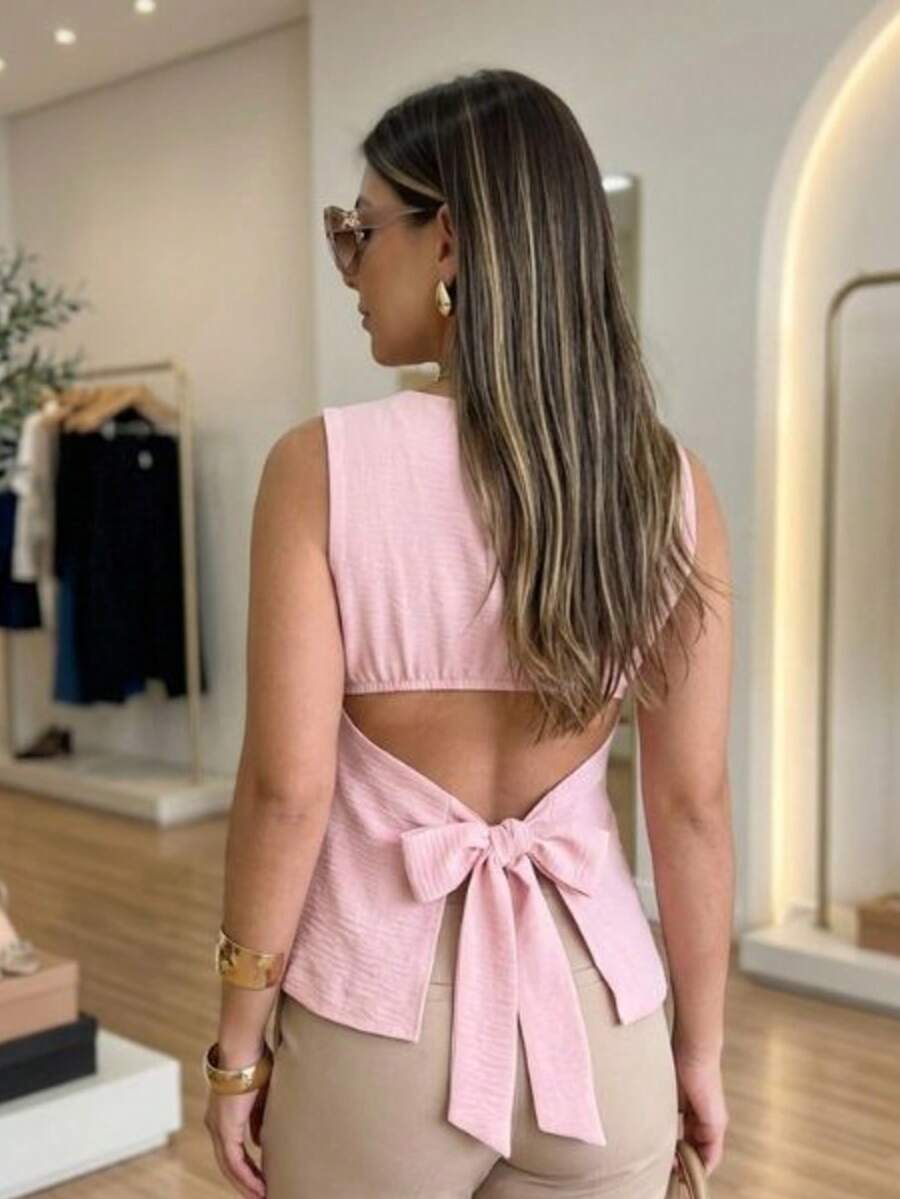Elegant Duna Blouse - Back Neckline With Contrasting Bow - SPRING/SUMMER - Màu Hồng baby - Xem 1