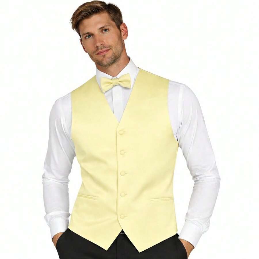 Sizes XS To 6XL Men's 3-Piece Tuxedo Vest Set – Satin Waistcoat With Bow Tie And Pocket Square For Wedding, Prom, Formal Events - 金絲雀 - 查看 1