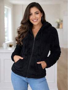 Women's Fleece Sweatshirt With Hood - 黑色 - 查看 1