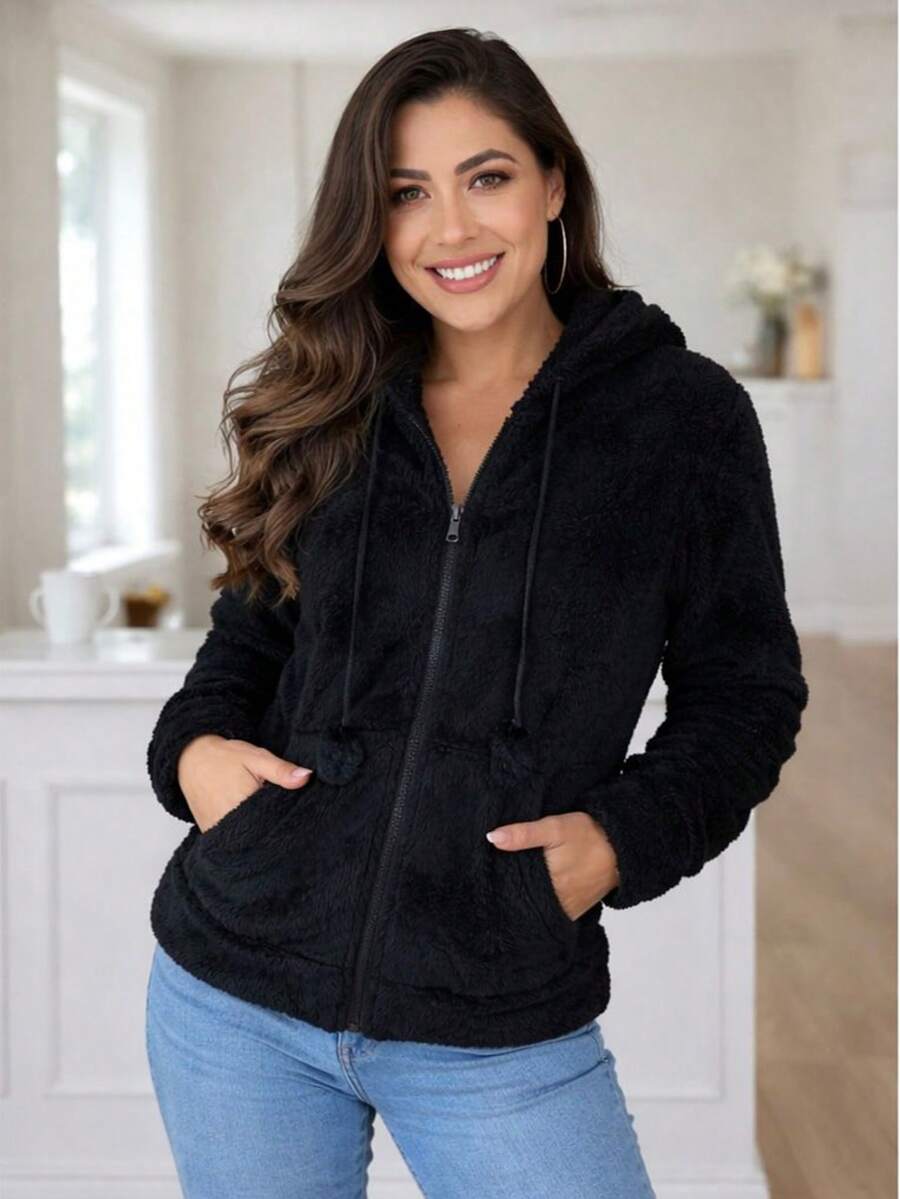 Women's Fleece Sweatshirt With Hood - 黑色 - 查看 1