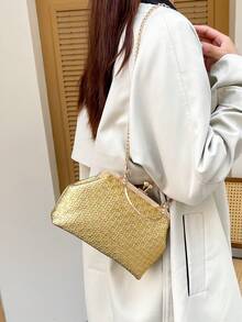 新款时尚晚礼服及手拿包套装，优雅大容量女士晚宴包，配链条肩带 - 金色 - 查看 5