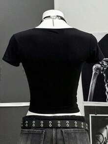 Retro Punk Style Lettered Short-Sleeved T-Shirt, Y2K Gothic Style Top, Street Hip-Hop Top, 90s Women's Fashion Emo Shirt Goth Shirt - 黑色2 - 查看 5