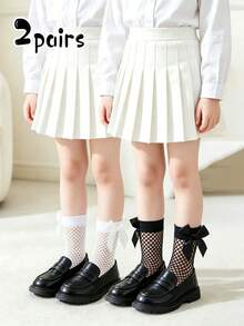 2 Pairs Girls' Bow Decor Mesh Mid-Calf Socks, Breathable Fashion Fishnet Socks For Summer - Black - View 9