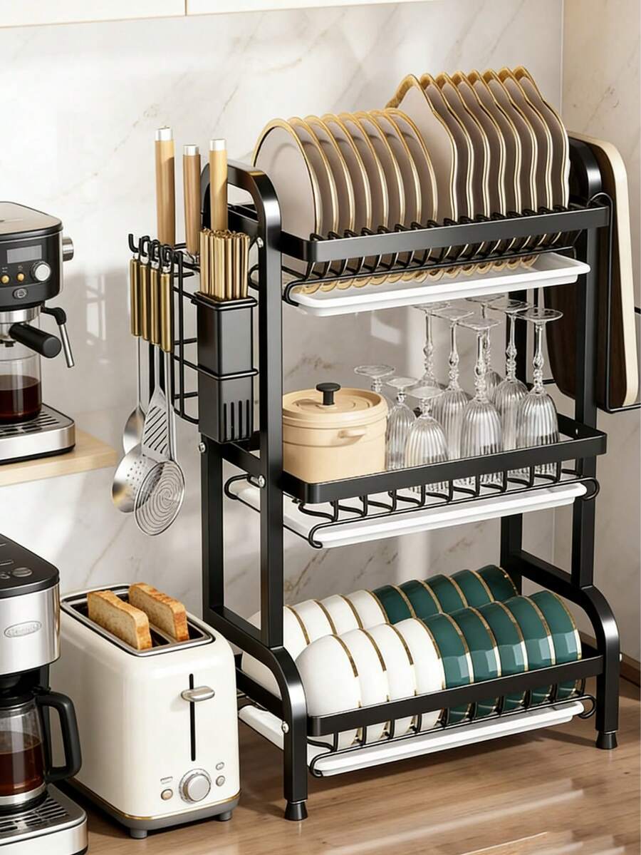 3-Tier Over Sink Heavy Duty Stainless Steel Dish Drying Rack, Rustproof Extra-Large Capacity Non-Slip Kitchen Counter Organizer, Removable Drainboard With Utensil Knife Cup Cutting Board Holder, Space-Saving Easy To Clean Kitchen Orangizer | Organozador Cocina Kitchen Essentials - Black (Thickened Version) - View 1