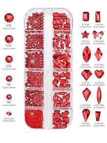 Estuche de 12 compartimentos con kit de rhinestones de uñas de lujo en color rojo, con formas y tamaños variados de SS6 a SS30, diamantes de uñas rojos brillantes para manicura - Rojo - Ver 7