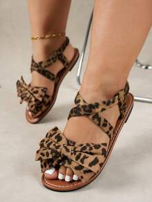 Women's Casual Bowknot Leopard Print Plus Size Wide Fit Flat Sandals Elegant Outdoor Beach Holiday Flat Sandals - Leopard Print - View 2
