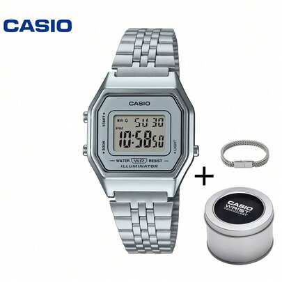  Ceas digital vintage Casio LA670WEA-7EF, curea din oțel inoxidabil, set ceas de mână impermeabil + brățară, ceas retro pătrat pentru femei și bărbați, cadou zilnic
