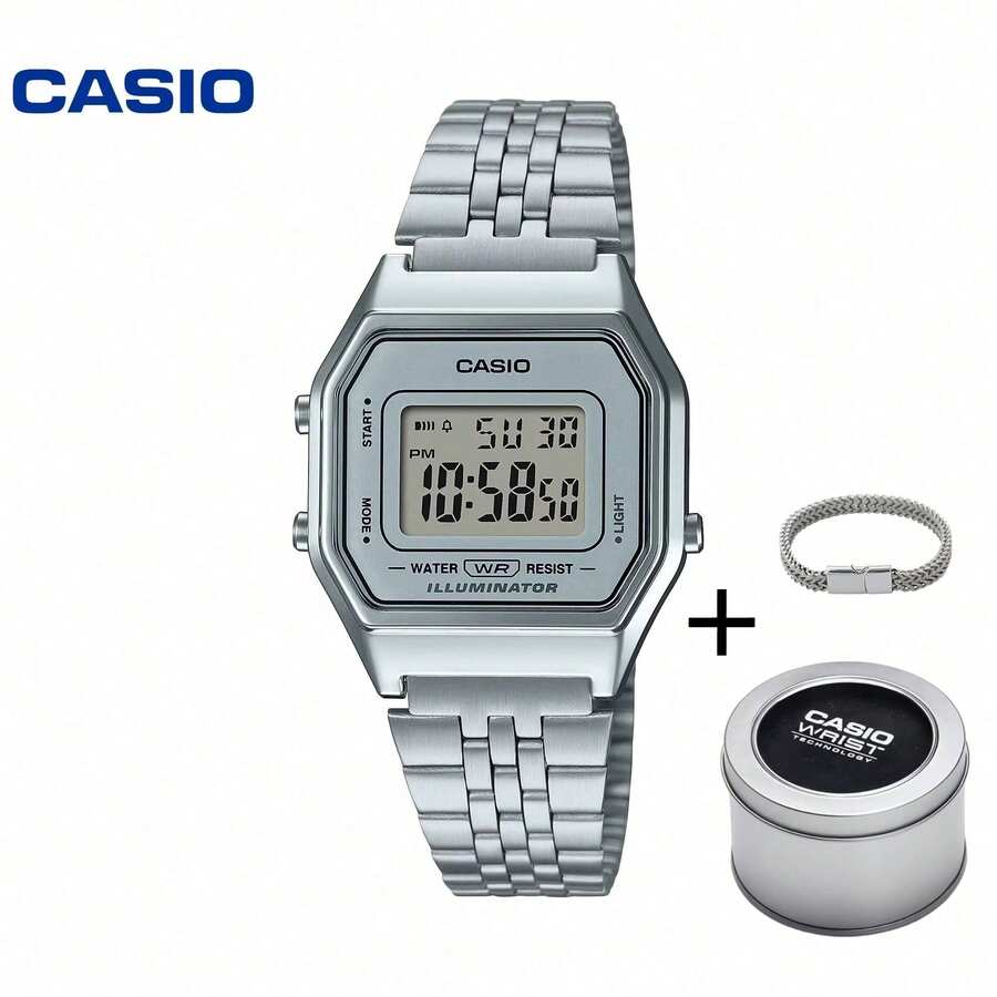 Casio 卡西欧 LA670WEA-7EF 复古数字手表,不锈钢表带,防水腕表+手链套装,复古方形男女通用手表,日常礼物 - 均碼 - 查看 1