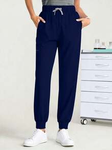 cimmuovere High Waist Fitted Workwear - Multi-Pocket Design - Slim Breathable Pants - Side Zipper Pockets - Elastic Hem Spring - Navy Blue - View 5