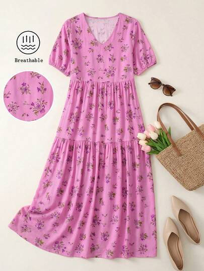 Women's V-Neck Casual Fashionable Digital Floral Print Short Sleeve Long Dress