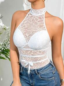 White Lace Halter Neck Bow Detail Sheer Mesh Teddy Bodysuit - Romantic Bridal Date Night - White - View 3