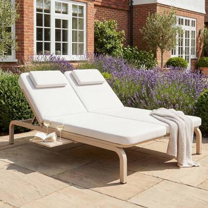 Garden Furniture For 2 People, Chaise Longue, Sun Lounger, Outdoor Daybed, Adjustable Backrest (5 Positions), With Extendable Table And Headrest, Beige