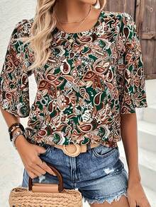 Plus Size Women Paisley Print Round Neck Short Sleeve Casual Loose Blouse, Elegant Travel & Holiday Style, Spring/Summer - Dark Green - View 1