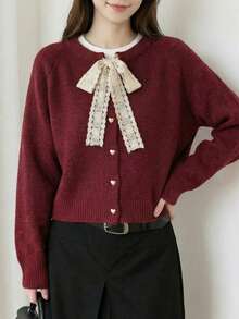 Áo khoác cardigan nữ kiểu dáng thường ngày có nơ trang trí, màu trơn thoải mái, lựa chọn lý tưởng cho mùa thu/đông. - Đỏ - Xem 10