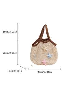 Bolso de malla de estilo festivo a la moda, con adornos de cuentas de concha en beige con ribete marrón; un bolso de mano para damas, perfecto para vacaciones en la playa y ocasiones similares - Marrón - Ver 9
