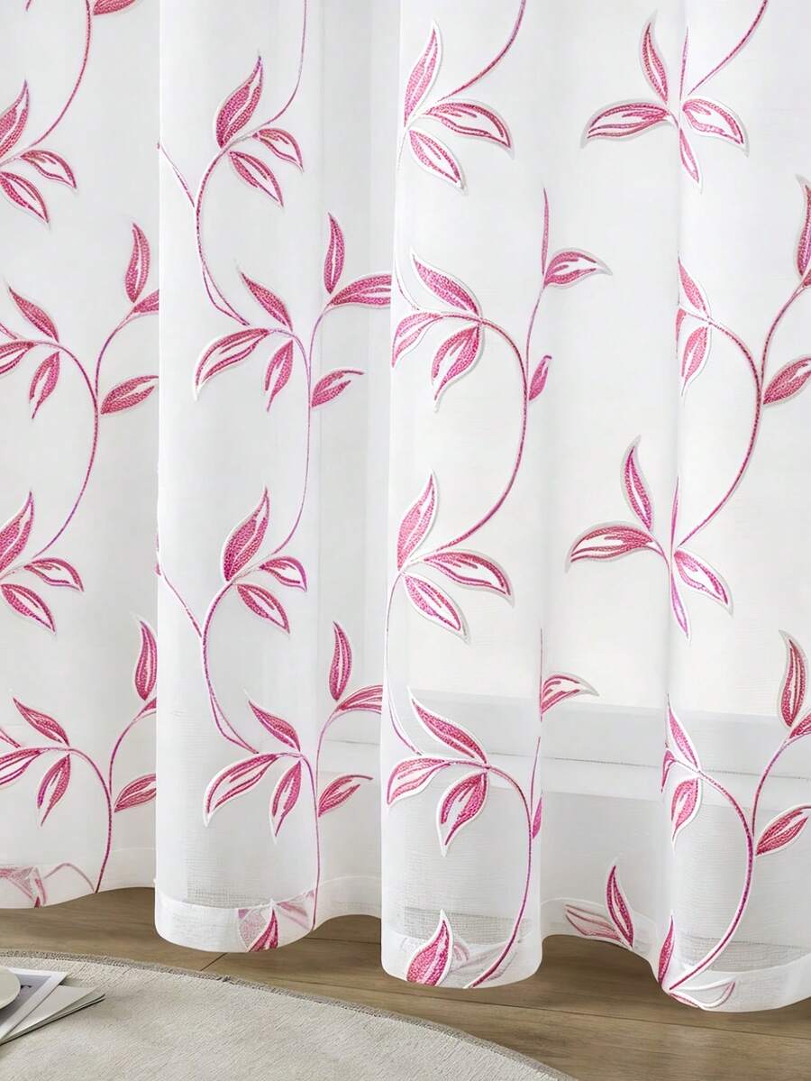 2 buah Tirai Tipis Bordir Putih - Motif Bunga, Tirai Voile Bordir Elegan untuk Dekorasi Ruang Tamu dan Kamar Tidur dengan Lubang Pengait - Berwarna merah muda - View 1