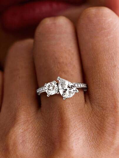 1pc Women's Ring Set With Pear-Shaped And Center-Shaped Cubic Zirconia Stones, Exuding French Elegance And Sophistication. Ideal For Dates Or As A Gift For Girlfriend.