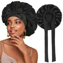 1PC Premium Satin Bonnet Cap With Long Tie, Elegant Hair Wrap For Women, Perfect For Holiday Gift, Birthday, Self-Care & Beauty Routine - Black - View 1