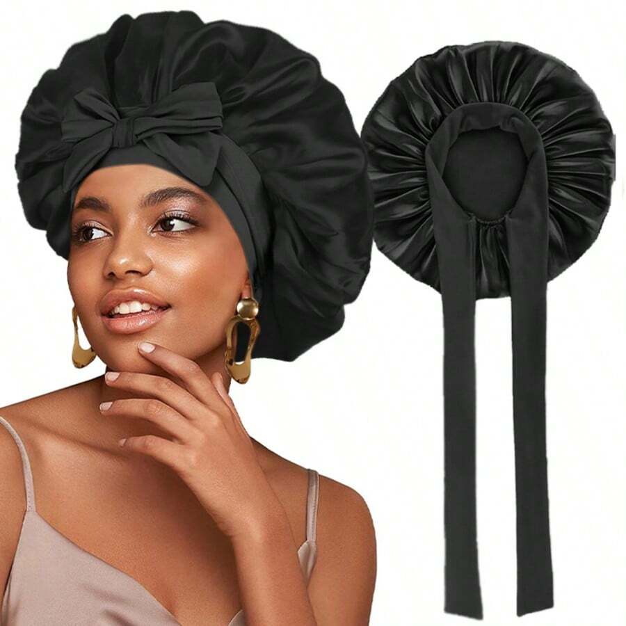 1PC Premium Satin Bonnet Cap With Long Tie, Elegant Hair Wrap For Women, Perfect For Holiday Gift, Birthday, Self-Care & Beauty Routine - Black - View 1