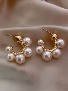 1 Pair Faux Pearl Hoop Earrings - Multicolor - View 2