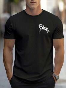 Men's Casual Letter Print T-Shirt, Couple Round Neck Short Sleeve Tee, Spring/Summer, Valentine's Day - Black - View 1