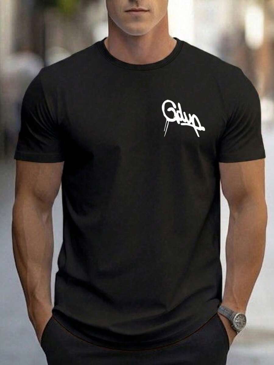 Men's Casual Letter Print T-Shirt, Couple Round Neck Short Sleeve Tee, Spring/Summer, Valentine's Day - Black - View 1