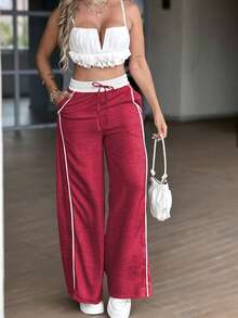 Pantalones de cintura alta, de color gris verdoso claro, holgados y de pierna ancha, estilo Y2K, pantalones casuales de corte  europeos y americanos, - Burdeos - Ver 9