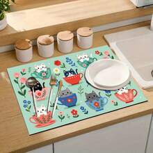 1 pieza Alfombrilla de secado multiusos con estampado de gato de fibra de poliéster, posavasos para cafetera, regalo para el hogar, decoración de escritorio - XYLSD-203 - Ver 9