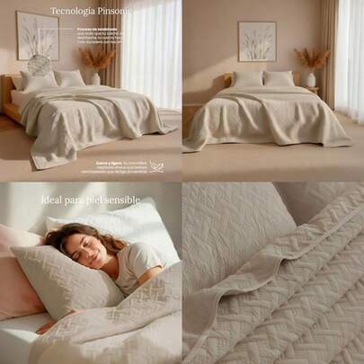Smart Bamboo: Colcha Reversible/Hipoalergénico Ligera Suave y Resistente/Ideal para Todas Las Estaciones + Fundas de Almohada Arena Individual