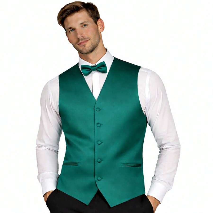 Sizes XS To 6XL Men's 3-Piece Tuxedo Vest Set – Satin Waistcoat With Bow Tie And Pocket Square For Wedding, Prom, Formal Events - Xanh mòng két - Xem 1