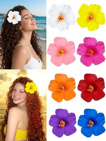 1/8pcs Hawaiian Floral Hair Clips, Girls Hibiscus And Lotus Hair Clips, Suitable For Vacation, Party, Floral Hair Accessories, Hair Clips, Hair Pins