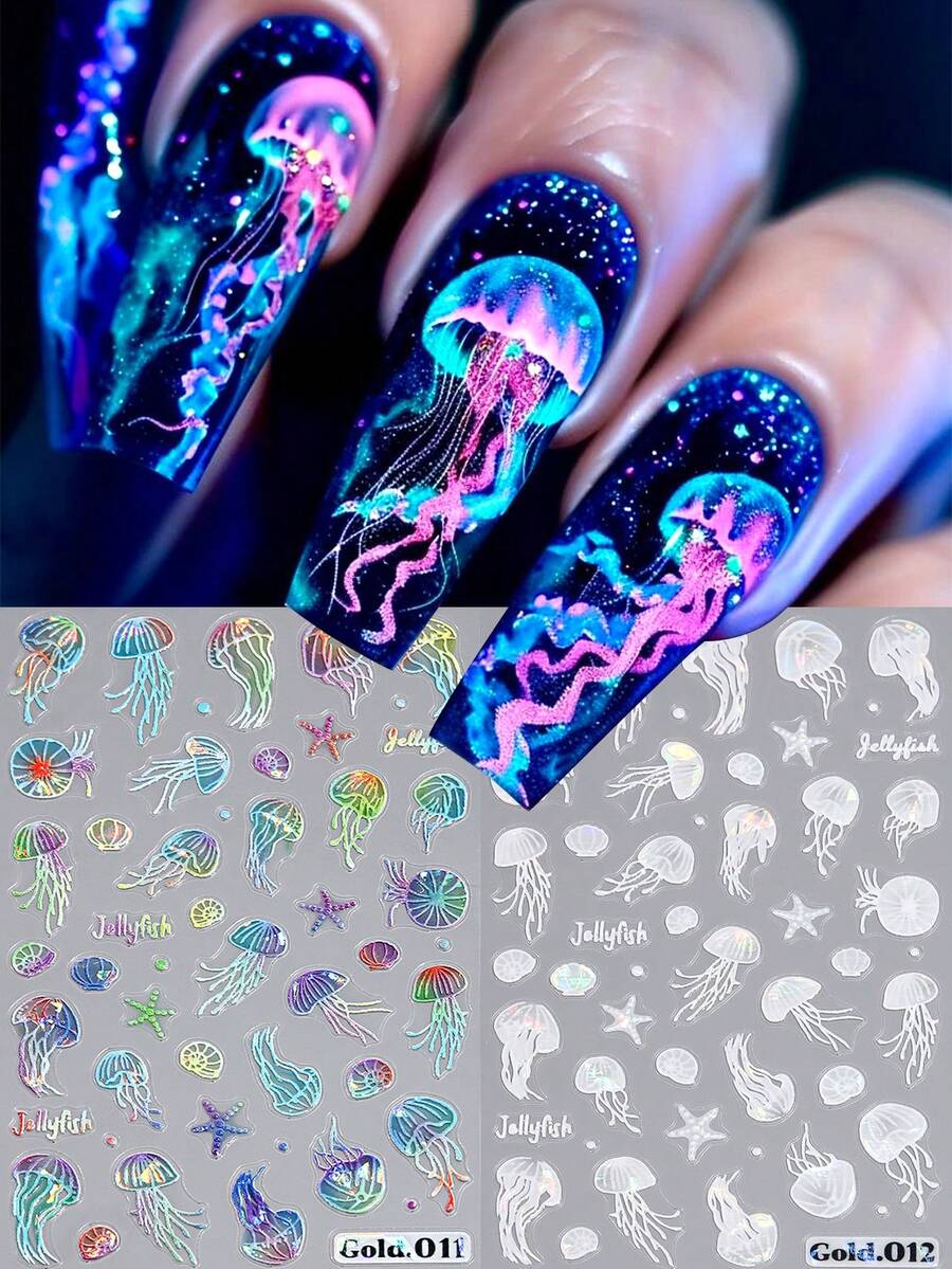 2片装3D海洋生物美甲贴纸，彩色极光水母贝壳海星夏季美甲设计，Y2K可爱迷人美甲贴花，DIY自粘美甲贴纸，美甲沙龙配件 - 彩色 - 查看 1