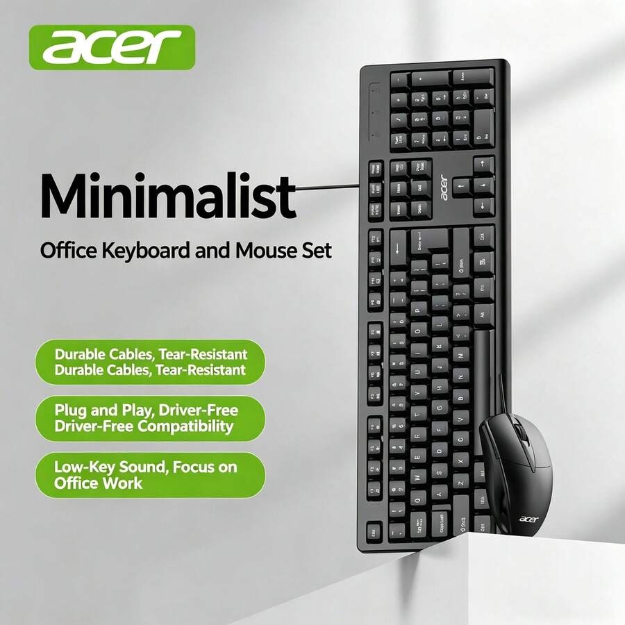 Acer Wired Computer Office Keyboard And Mouse Set, Business Slim & Quiet, Compatible With Desktop PC And Laptop, USB Interface, Ergonomic Design Suitable For ASUS, Xiaomi, Apple - View 1