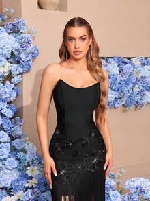 New Arrival Heavily Embellished Sexy Women's Pink 3D Floral Diamond Decor Off-Shoulder Backless Tassel Dress, Bridesmaid Gown, Elegant Women's Holiday Party Formal Evening Dress - Black - View 2