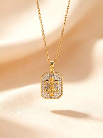 1件时尚复古百搭优雅奢华鸢尾花镶嵌立方氧化锆双色方形项链，适合日常佩戴、宴会、派对、装饰，可作为礼物送给妻子、姐妹、家人和朋友。