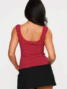 Women's Polka Dot Bow Front Cami Top - Square Neck Ruched Sleeveless Summer Y2K Top - Red - View 6