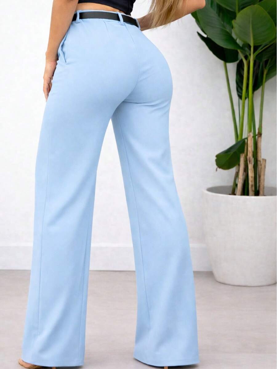 Elegant Women's Wide-Leg Trousers With Belt In Tailored Style - Baby Blue - View 1