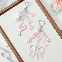 1件创意甜美女孩休闲可爱白色仿珍珠仿水晶圆珠粉色树脂亚克力半透明樱花链蝴蝶结闪光镂空星星像素爱心毛绒3D卡通泰迪熊钥匙扣包挂件，适合女性、女孩、姐妹、闺蜜、日常佩戴、节日礼物 - 彩色 - 查看 3